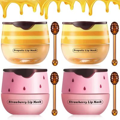 4PCS Strawberry &amp; Bee Lip Balm Honey Pot, Vitamin E &amp; Moisturizing Propolis Sleeping Lip Mask, Effective Reduces Lip Lines Prevention Dry and Cracked Scrubs Exfoliator Smoothing Dry Lip Care