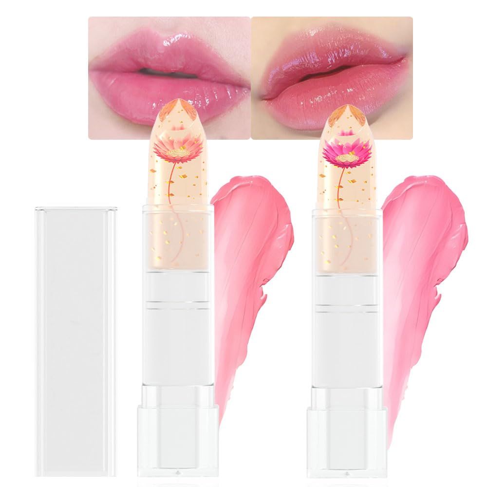 BINGBRUSH 2 Pcs Crystal Flower Jelly Color Changing Lipstick,Long Lasting Lip Care Moisturizer Lip Balm Magic Lip Gloss Lip Tint Stain Matte Makeup Lipstick (01Pink&amp;02Rose red)
