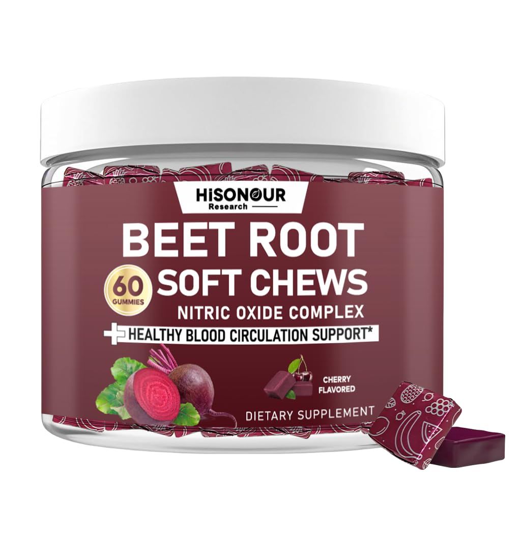 Hisonour Research Beetroot Chews, Beet Root Soft Chews with Grape Seed, Pomegranate, Black Pepper, Vitamin C, B12, Nitric Oxide Supplement for Men &amp; Women, Cherry Flavor, Sugar Free, 60 Chews