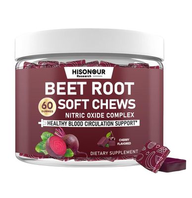 Hisonour Research Beetroot Chews, Beet Root Soft Chews with Grape Seed, Pomegranate, Black Pepper, Vitamin C, B12, Nitric Oxide Supplement for Men &amp; Women, Cherry Flavor, Sugar Free, 60 Chews