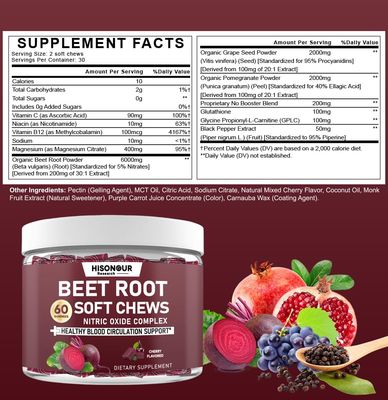 Hisonour Research Beetroot Chews, Beet Root Soft Chews with Grape Seed, Pomegranate, Black Pepper, Vitamin C, B12, Nitric Oxide Supplement for Men & Women, Cherry Flavor, Sugar Free, 60 Chews