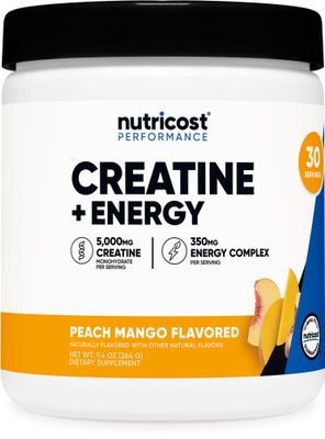 Nutricost Creatine Energy 30 Servings (Peach Mango Flavored) - 5,000mg Creatine Monohydrate 350mg Energy Complex Per Serving