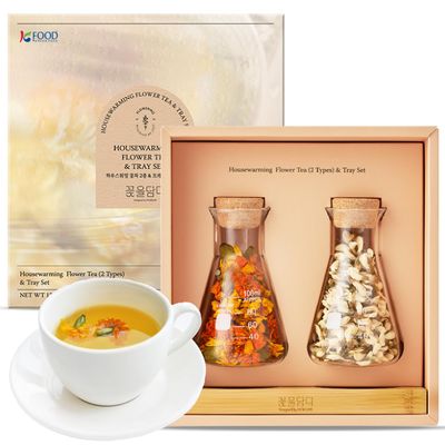 Korean Food, KKOKDAM Original Flower Tea Housewarming Gift Set, Premium Loose Leaf Decaffeinated Floral Blend, Fully Natural Flowers, Marigold, Acacia, No Caffeine, Luxury Packaging, Bamboo Tray