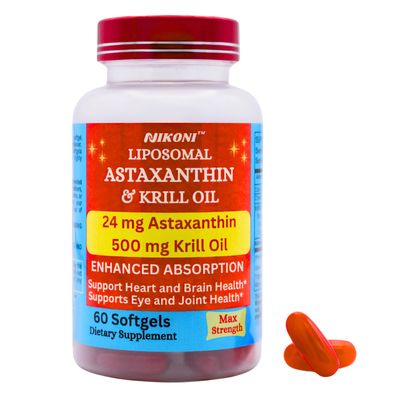 Nikoni Liposomal Astaxanthin 24mg with Kril Oil 500mg Supplement, 60 softgels