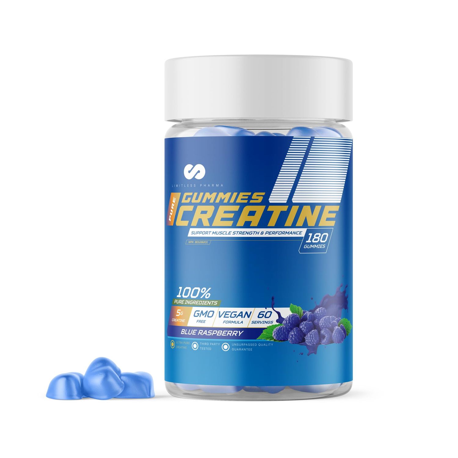 LIMITLESS PHARMA Pure Creatine Gummy Candy | 5g Creatine Monohydrate | Muscle, Strength, Endurance &amp; Performance | Low Sugar, GMO Free, Vegan | 60 Servings, 180 Gummies (Blue Raspberry)