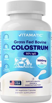 Vitamatic Bovine Colostrum Supplement 1000 mg per Serving - 50 Highest IgG - Supplement for Gut Health, Hair Growth, Beauty, Muscle Recovery, &amp; Immune Support - 120 Capsules