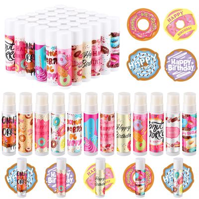 Heigble 36 Sets Donut Happy Birthday Gift Bulk Sweet Doughnut Lip Balm Tag Organza Bag Donut Candy Cake Ice Cream Theme Sweet Birthday Gift for Women Anniversary Baby Shower Party Favors