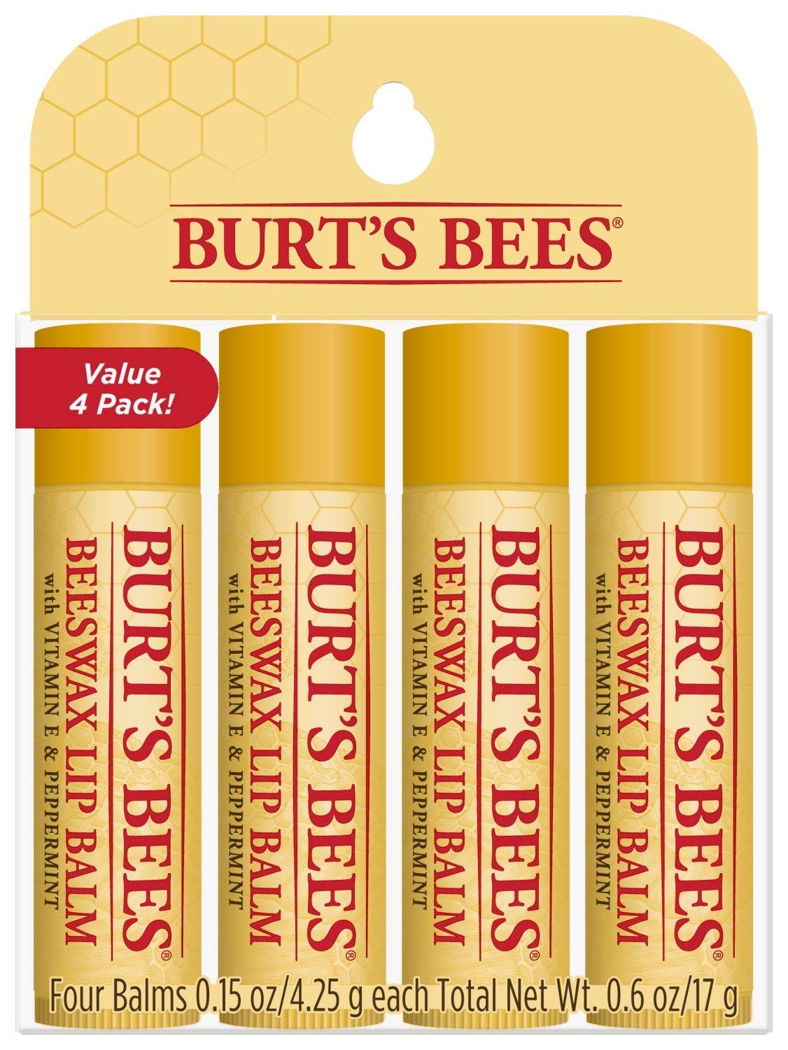 Burt&#39;s Bees Lip Balm Stocking Stuffers, Moisturizing Lip Care Holiday Gift, 100 Natural, Original Beeswax with Vitamin E &amp; Peppermint Oil (4 Pack)