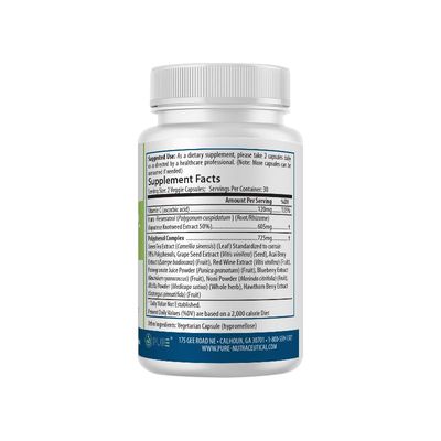 PURE Resveratrol Plus 605mg with Polyphenol Complex 725mg, Vitamin C 120mg, 60 Vegetarian Capsules, 30 Servings. Trans-Resveratrol, Antioxidant, Healthy Aging, and Immune Support Supplement.