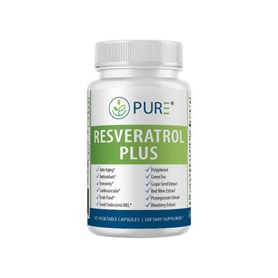 PURE Resveratrol Plus 605mg with Polyphenol Complex 725mg, Vitamin C 120mg, 60 Vegetarian Capsules, 30 Servings. Trans-Resveratrol, Antioxidant, Healthy Aging, and Immune Support Supplement.