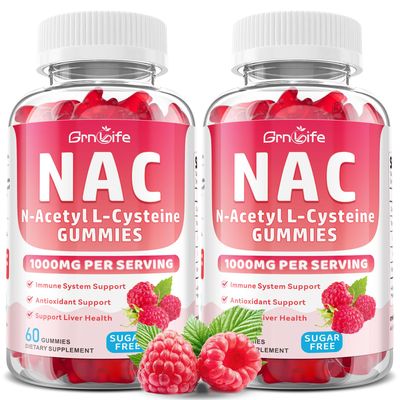 2 Pack NAC Gummies for Kids &amp; Adults, 1000mg N Acetyl Cysteine Supplement NAC Chewable for Antioxidants &amp; Immune Support, Liver Health, Raspberry Flavor, 120 Count