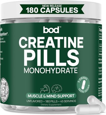 Goba Tea BOD Creatine Monohydrate Pills for Muscle Support, Vegan Pre or Post-Workout Creatine Capsules for Women and Men, 5g Micronized &amp; Instantized, Creatina Monohidratada, 180 Capsules