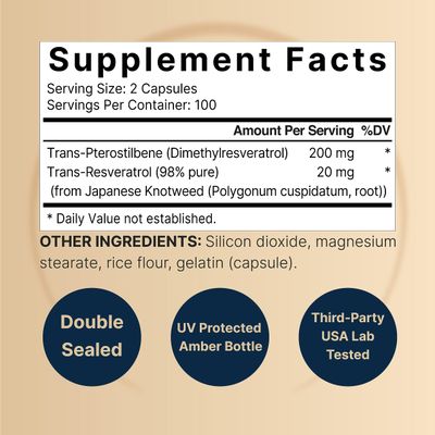 Pterostilbene with 98 Trans-Resveratrol, 200mg Per Serving, 200 Capsules | Naturally Sourced from Wild Blueberries - Antioxidant Supplement for Healthy Aging Support - Non-GMO