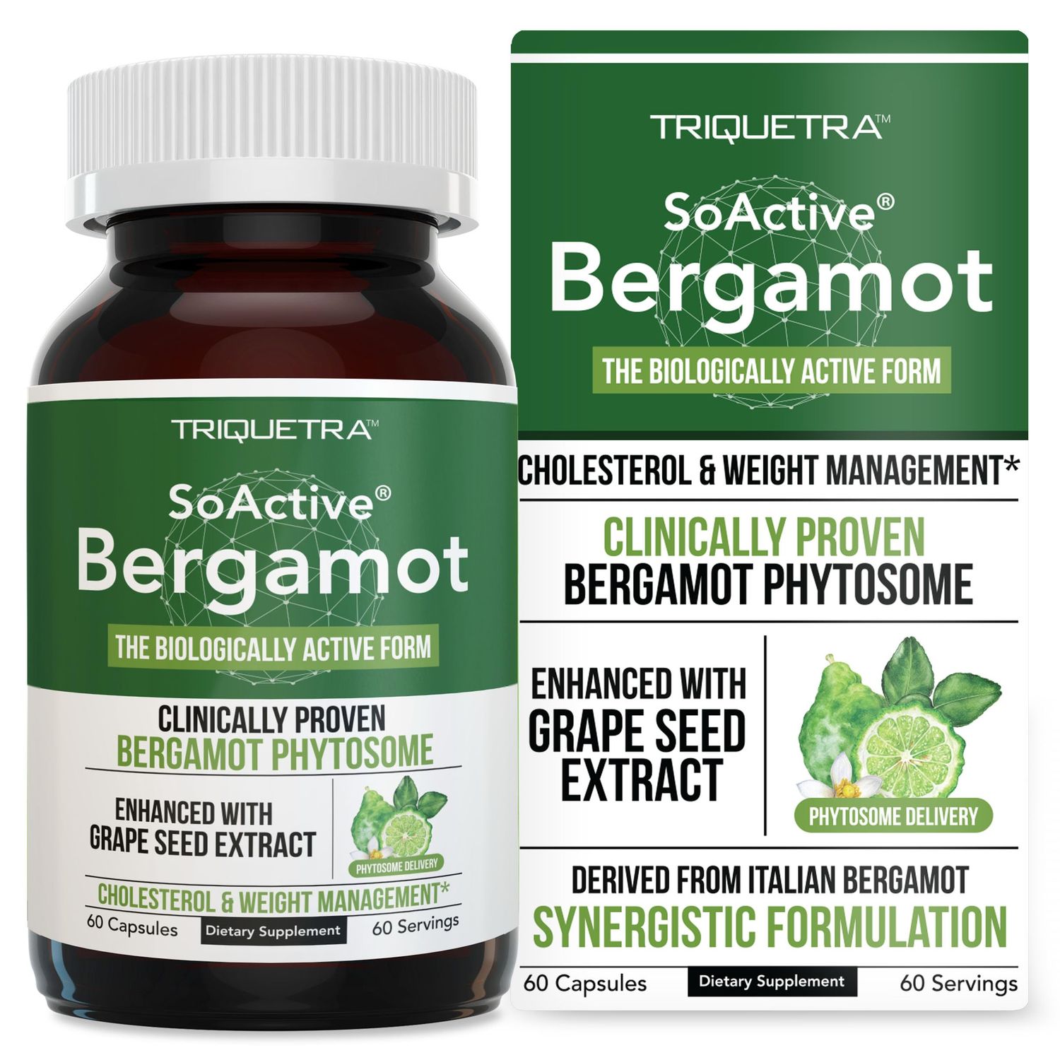 SoActive Bergamot: 2.5X More Effective, Italian Citrus Bergamot Phytosome - Clinically Validated | Enhanced with Grape Seed Extract - Supports Cholesterol &amp; Weight Management (60 Capsules)
