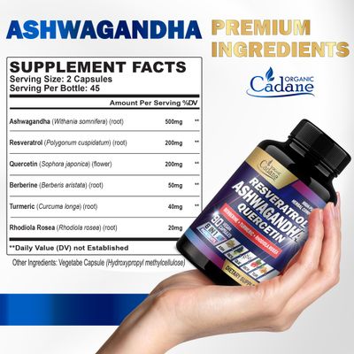 Organic Cadane Ashwagandha Supplements - Support Memory, Immune, Energy Production - 6 Premium Ingredients - Resveratrol, Quercetin, Berberine, Turmeric, Rhodiola Rosea - 90 Extract Capsules