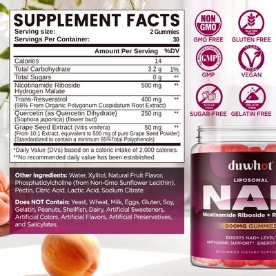 duwhot NAD Supplement Gummies Sugar Free, Liposomal B3 Nicotinamide Riboside Resveratrol 900 MG for Women &amp; Men, NAD Supplement with Quercetin &amp; Grape Seed Extract, Brain Support, Antioxidant, 60ct