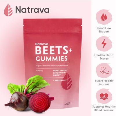 Natrava Beets Gummies - Organic Beet Root Powder, Grape Seed Extract and Vitamin C - Supports Healthy Blood Pressure and Heart Health - Low Sugar Nitric Oxide and Circulation Supplement - 60 Gummies