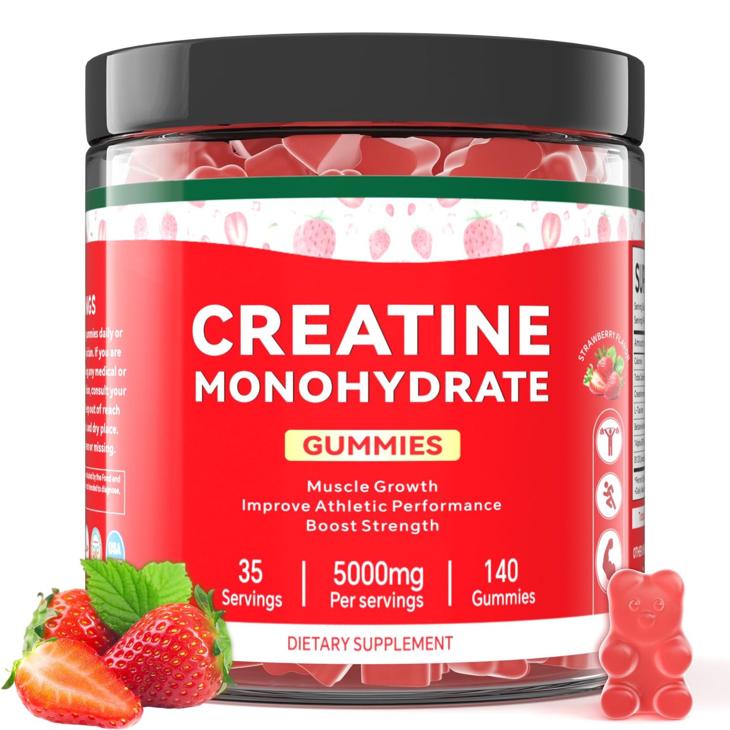 Mosslly Creatine Monohydrate Gummies for Men &amp; Women, 140 Gummies, Strength and Endurance Enhancing Creatine Gummies, Gluten Free, Sugar Free, Strawberry Flavor