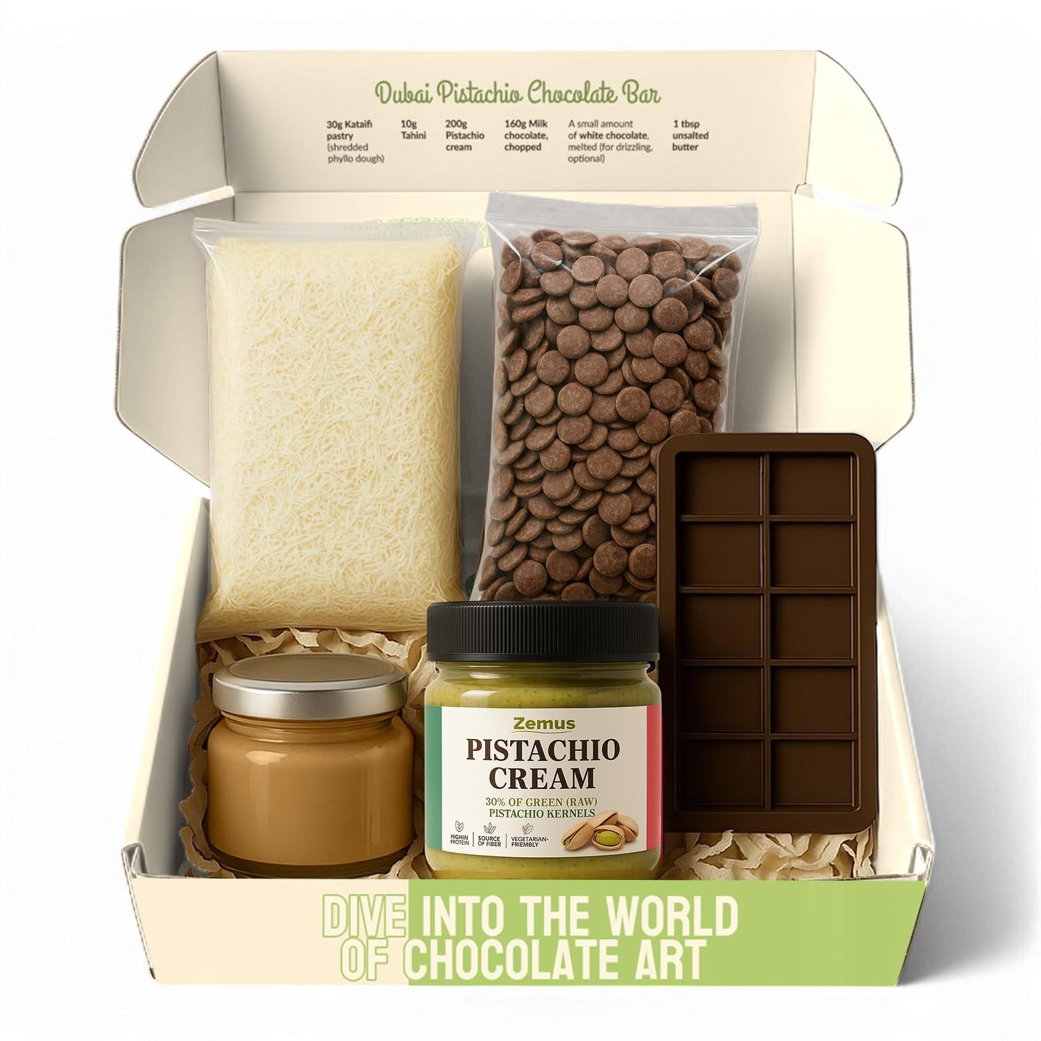 Viral Dubai Chocolate Bar Kit - Makes 14.10 oz of Bars, Chocolate Mold, Shredded Kataifi, Pistachio Cream - DIY Gift Box Dubai Kit - Great Gift for Fathers Day