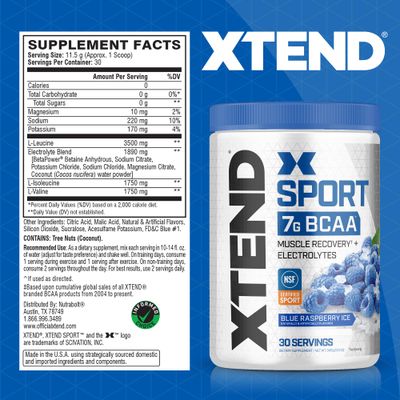 XTEND Sport BCAA Powder Blue Raspberry Ice - Electrolyte Powder for Recovery &amp; Hydration with Amino Acids - 30 Servings
