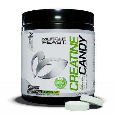 Muscle Feast Vegan Creatine Monohydrate NUTRITIONAL_SUPPLEMENT, Gluten-Free Creapure Candy, Lemon Lime, 120 Tabs
