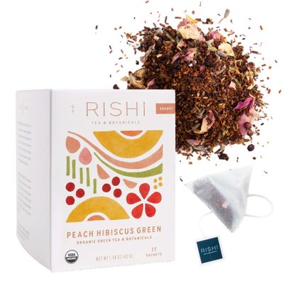 Rishi Tea Peach Hibiscus Green Houjicha Roasted Japanese Tea - Organic, Low Caffeine Sachet Bags with Hibiscus &amp; Peach, Enjoy Hot or Iced - 15 Count (Pack of 1)
