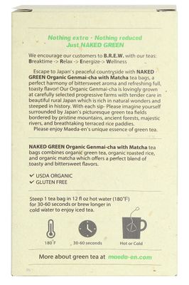 MAEDA-EN NAKED GREEN Organic Genmai-cha with Matcha 12 Tea Bags Hot or Cold Drink Green Tea Japanese Origin Individually Wrapped Teabags 08202 1pk