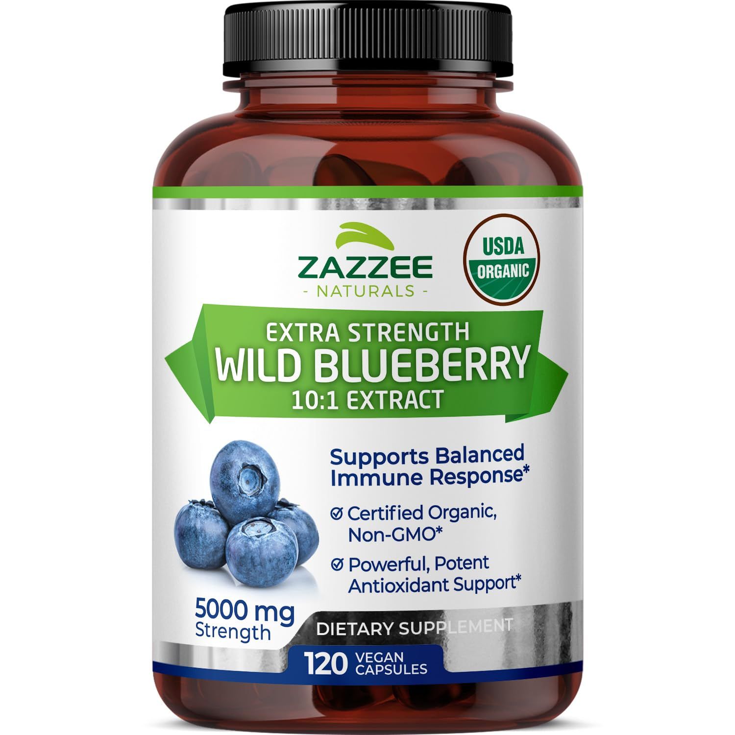 Zazzee USDA Organic Wild Blueberry 10:1 Extract, 5000 mg Strength, 120 Vegan Capsules, 4 Month Supply, Concentrated and Standardized 10X Whole Fruit Extract, 100 Vegetarian, All-Natural and Non-GMO