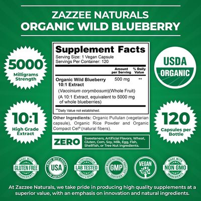 Zazzee USDA Organic Wild Blueberry 10:1 Extract, 5000 mg Strength, 120 Vegan Capsules, 4 Month Supply, Concentrated and Standardized 10X Whole Fruit Extract, 100 Vegetarian, All-Natural and Non-GMO