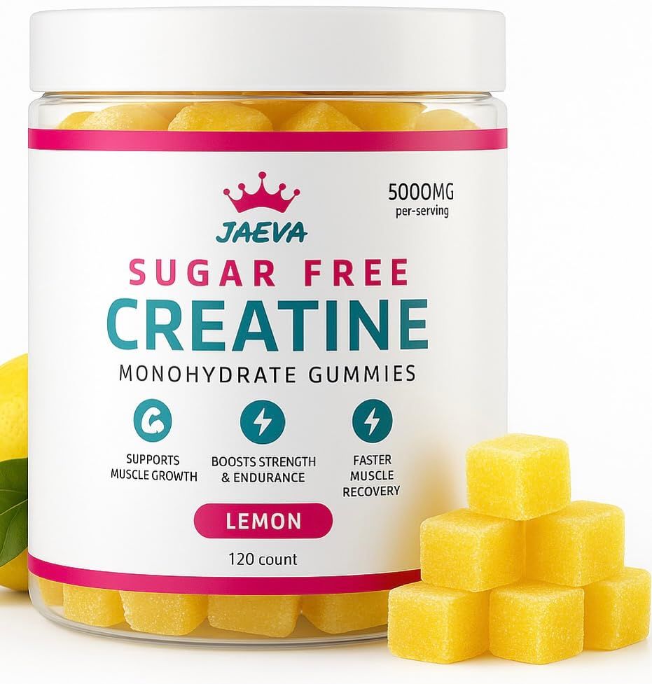 Jaeva Sugar Free Creatine Monohydrate Gummies 5g, 5000mg for Men &amp; Women, Lemon - 120 Count, Pre Workout Chews for Energy Boost, for Building Muscle and Strength, Vegan, Non-GMO