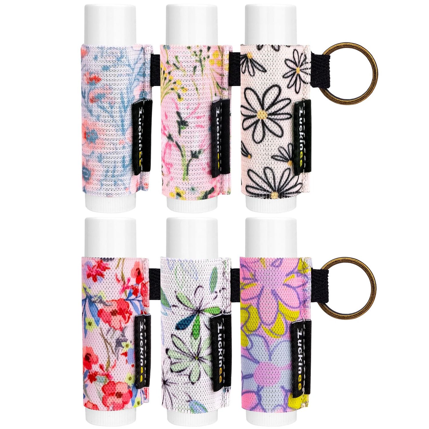 LUCKINEE 6PCS Lip Balm Holder Keychain Print Chapstick Holder Key chain Lipstick Holder Lip Gloss Sleeve -Tight Elastic Holder Sleeve for Fat and Slim Lip Balms