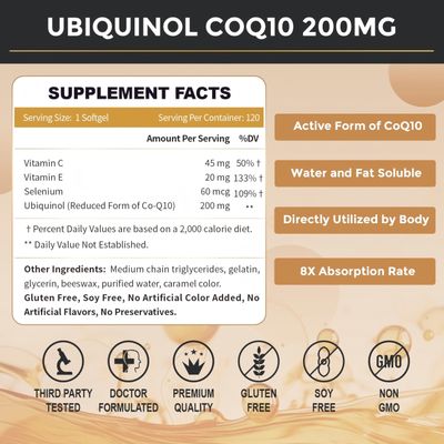 ZEBORA Ubiquinol CoQ10 200mg Softgels, 4-in-1 Powerful Antioxidant for Heart and Vascular Health, Essential for Energy Production, Max Absorption Active Form of CoQ10, 120 Softgels