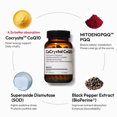 BIGVITA CoCrystal CoQ10 | High Absorption Ubiquinol with PQQ SOD &amp; BioPerine 4.5X Better Bioavailability for Heart Energy &amp; Cellular Vitality