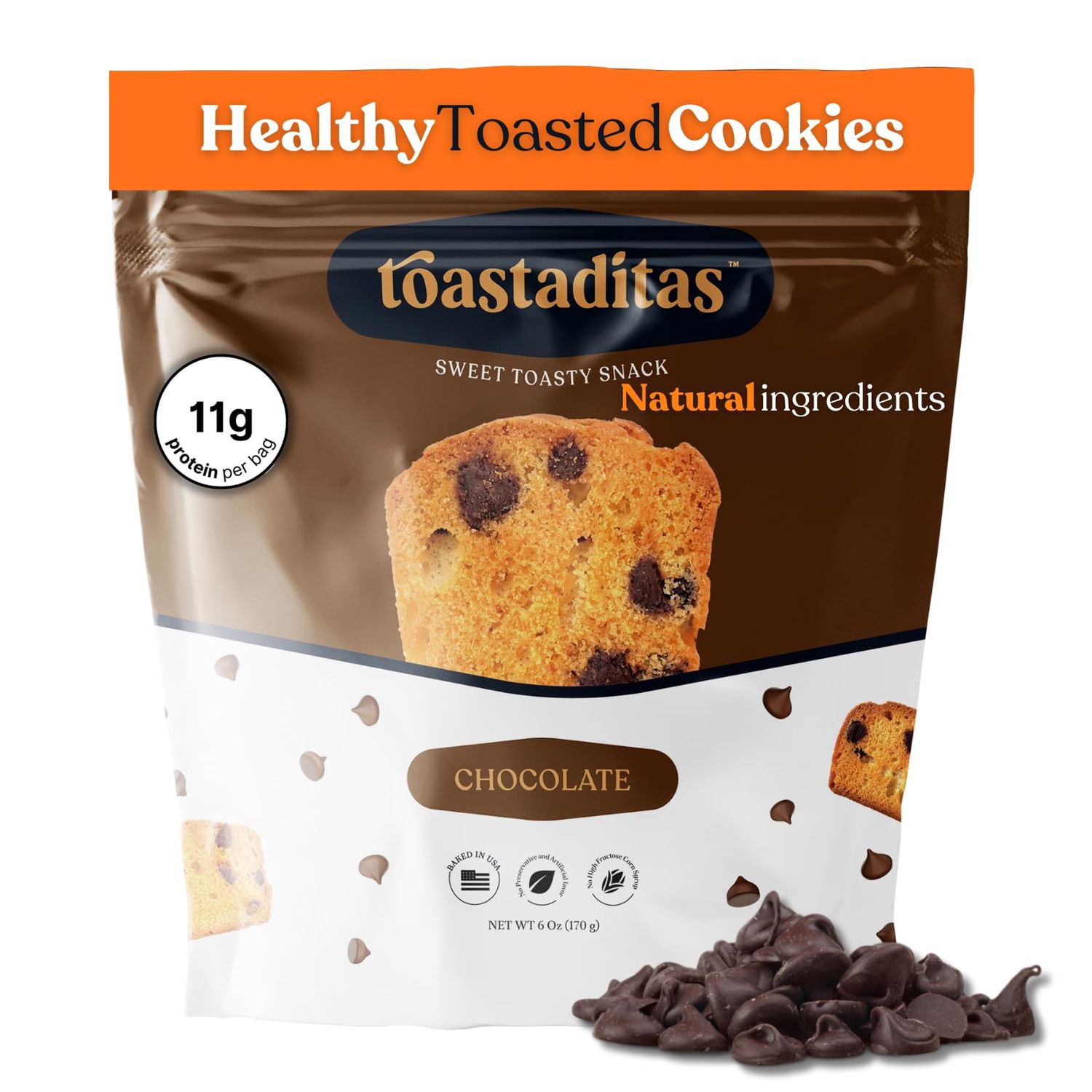 Toastaditas Chocolate Chips Biscotti Cookies, Baked Twice, No Artificial Flavors - Sweet and Toasty Italian Cookies - Ideal for Coffee or Tea pairing - 6oz pack - Snacks for kids and adults (6 oz P...