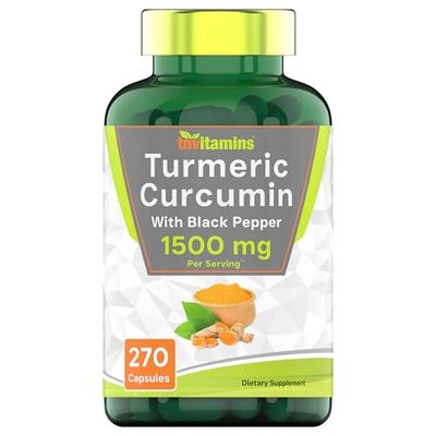 tnvitamins Turmeric Curcumin Capsules with Black Pepper | 1500 MG - 270 Capsules | Bulk Size - 3 Month Supply! | Golden Turmeric Curcumin Supplement with Black Pepper | Non-GMO | Produced in The USA