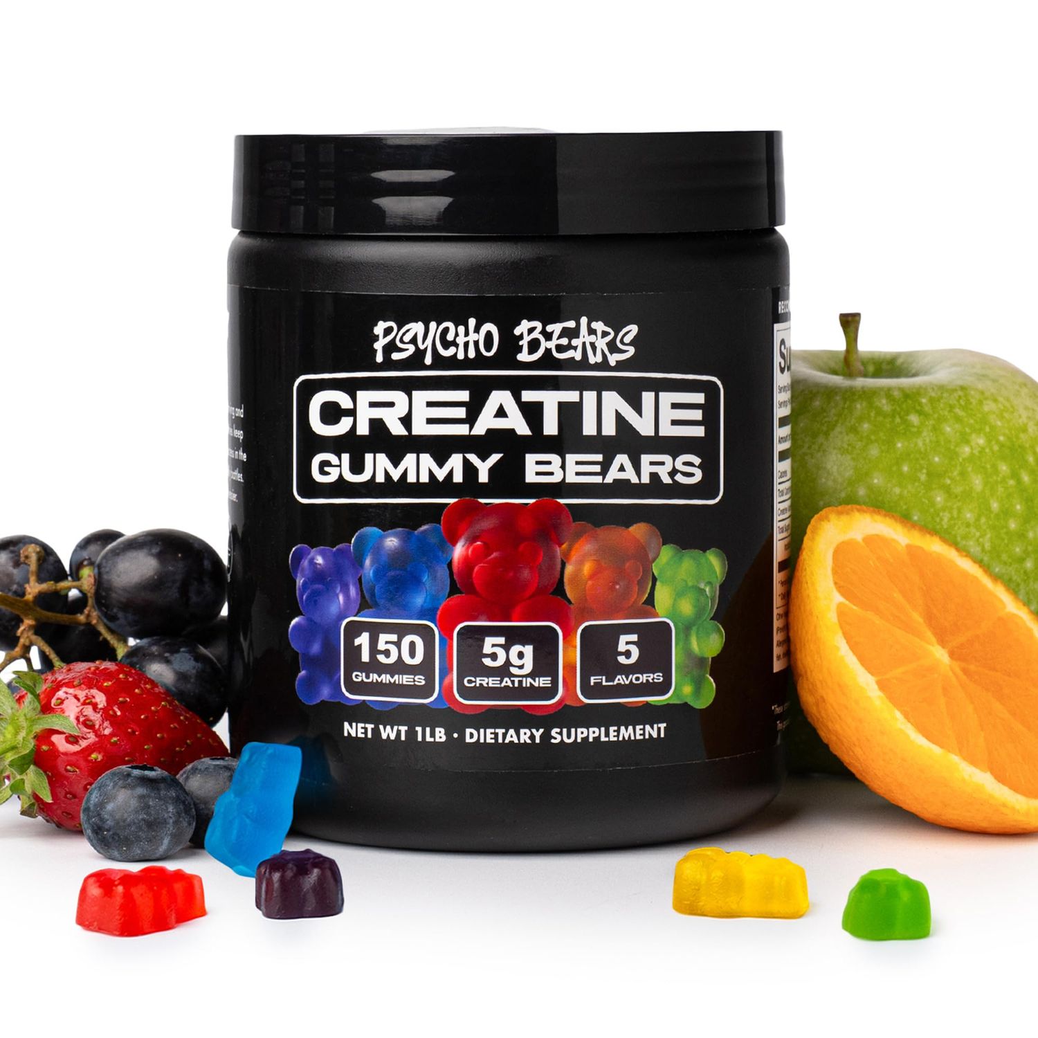 PSYCHO BEARS 5-in-1 Creatine Monohydrate Gummies (5g per Serving) - Frenzy Fruit Mix with Grape, Orange, Apple, Strawberry, Blueberry - Low Sugar, Low Calorie, Vegan, Halal, 150 Gummies