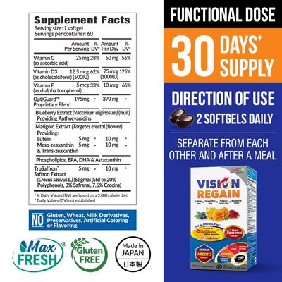 LABO Nutrition VisionREGAIN, Eye Vitamin Beyond AREDS 2 Formula with Lutein, Zeaxanthin, Saffron Extract, Blueberry for Macular and Retinal Health, Eye Fatigue, Night Vision Support 60 Counts