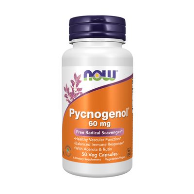 NOW Foods Supplements, Pycnogenol 60 mg (a Unique Combo of Proanthocyanidins from French Maritime Pine) with Acerola &amp; Rutin Powder, 50 Veg Capsules