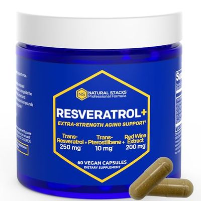 Resveratrol Supplement - 250mg Trans-Resveratrol &amp; 10mg Trans-Pterostilbene - Antioxidants Supplement with 200mg Red Wine Extract - Extra Strength Aging Support - 60 Japanese Knotweed Capsules
