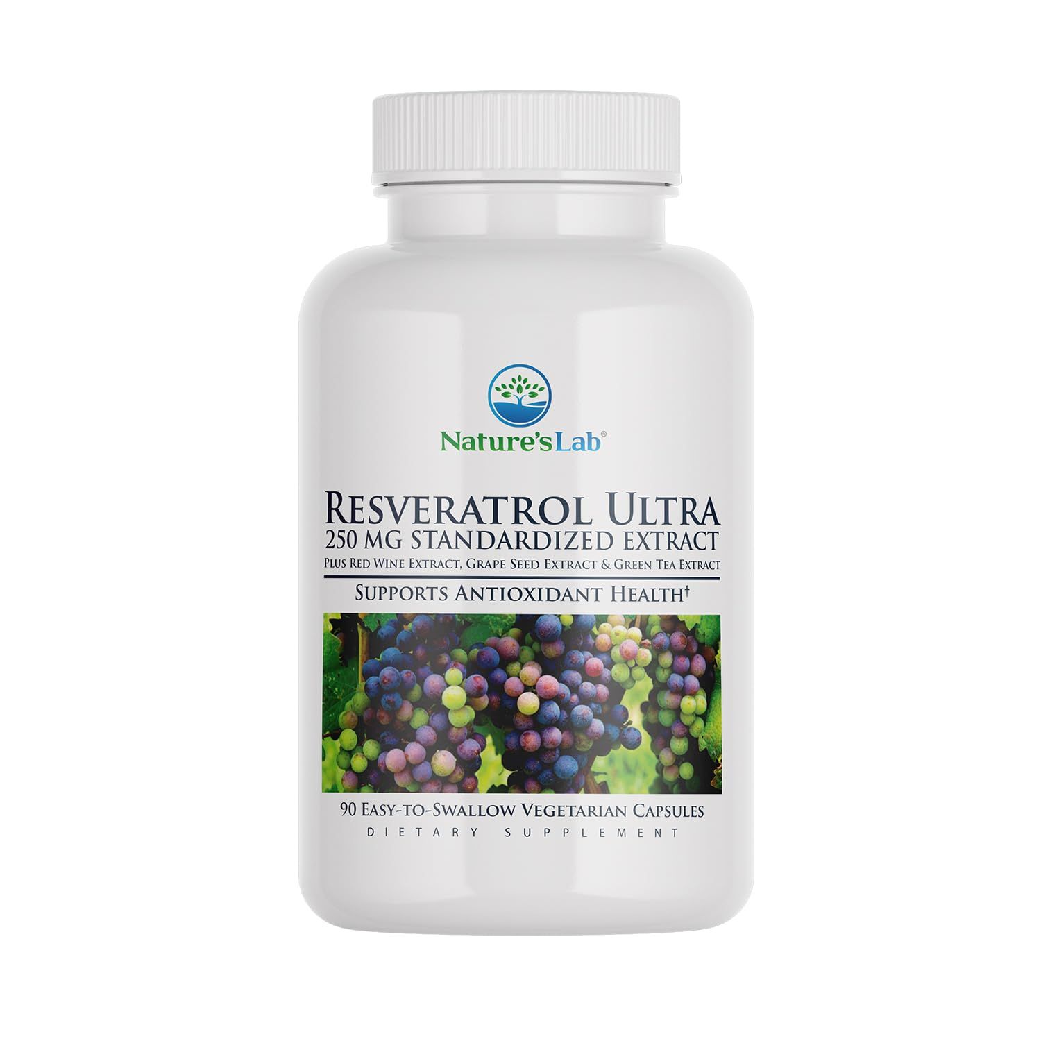 Nature&#39;s Lab Resveratrol Ultra - Antioxidant Supplement - 250mg Trans-Resveratrol, Red Wine Extract, Green Tea Extract- Non-GMO, Gluten Free, Vegan - 90 Count (3 Month Supply)