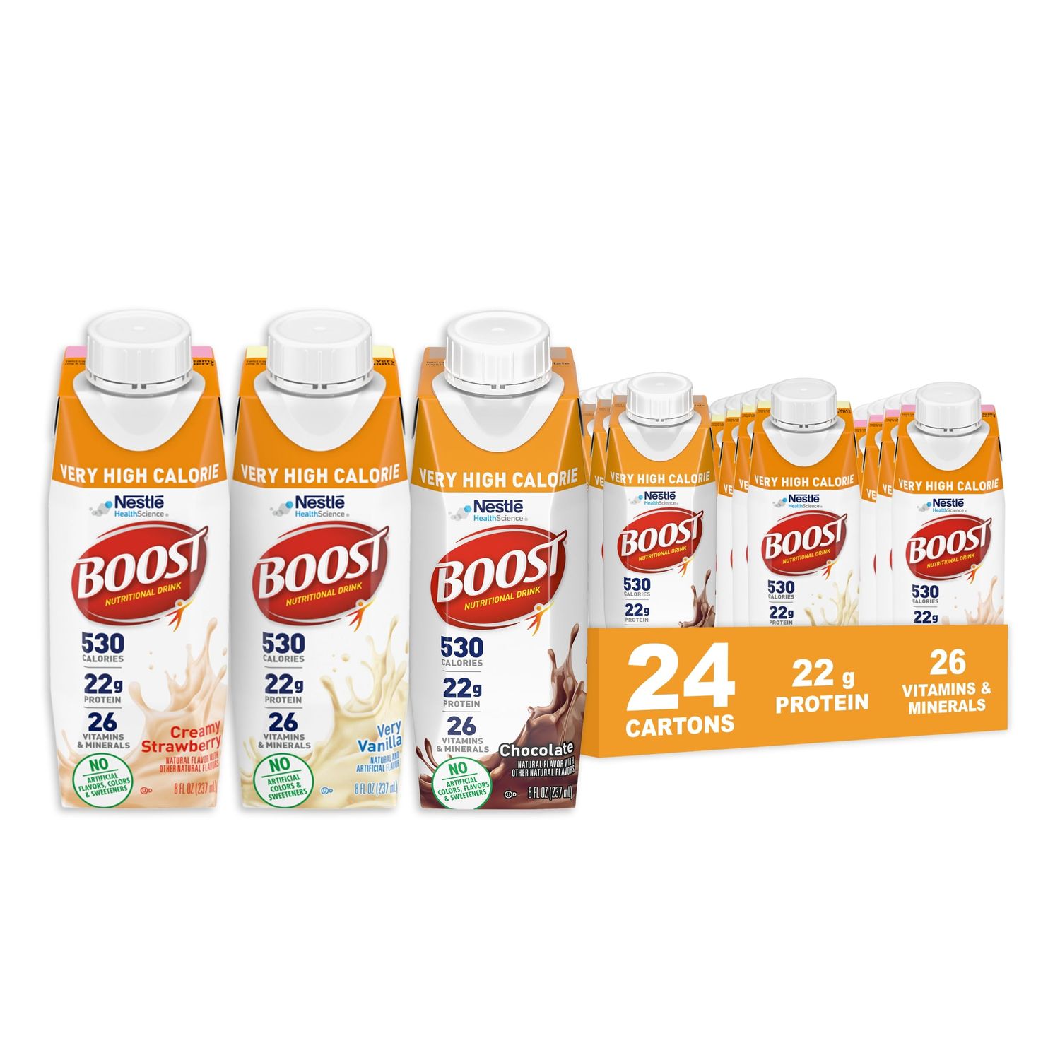 BOOST Very High Calorie Nutritional Drink - Helps Weight Gain &amp; Maintenance -530 Calories -26 Vitamins &amp; Minerals - 22 g Protein - Variety Pack - Vanilla, Chocolate &amp; Strawberry - 8 fl oz (Pack of 24)