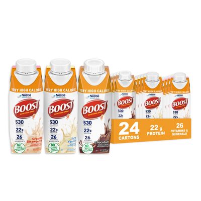 BOOST Very High Calorie Nutritional Drink - Helps Weight Gain &amp; Maintenance -530 Calories -26 Vitamins &amp; Minerals - 22 g Protein - Variety Pack - Vanilla, Chocolate &amp; Strawberry - 8 fl oz (Pack of 24)