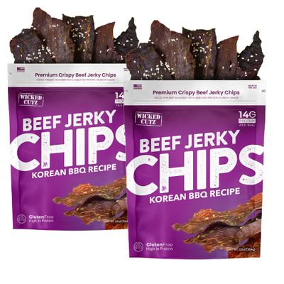 Wicked Cutz Korean BBQ Beef Jerky Chips, 14g Protein per Bag, Crispy &amp; Crunchy Beef Jerky Crisps, USA Made Barbeque Flavored Chips, High Protein Carnivore Snacks (2 Bags)