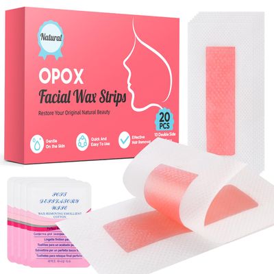 OPOX 20PCS Facial Wax Strips for Hair Removal, Facial Hair Removal for Women, Waxing Kit for Women&#39;s Face, Bikini, Chest, Body, Arms, Legs, Back, &amp; Brazilian | 20ct Waxing Strips &amp; 4 calming Oil Wipes