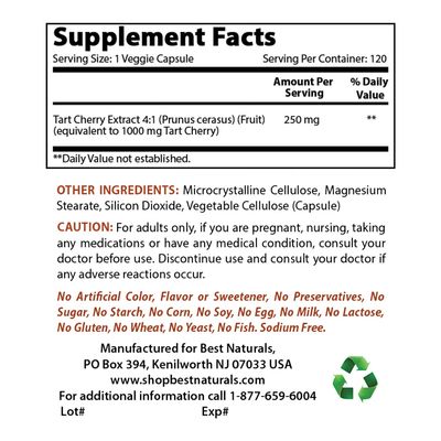 Best Naturals Tart Cherry Extract 1000 mg (Non-GMO) Veggie Capsules - Promotes Healthy Uric Acid Levels Within Normal Range, Healthy Joint Function &amp; Promotes Healthy Sleep Cycle, 120 Count