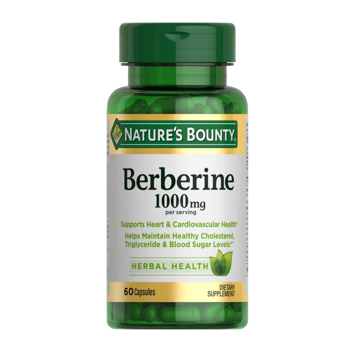 Nature&#39;s Bounty Berberine Supplements,1000mg, Berberine Capsules for Blood Sugar Support, Cholesterol &amp; Heart Health, 60 Count