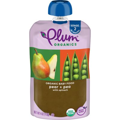 Plum Organics Stage 2 Organic Baby Food - Pear, Spinach, and Pea - 4 oz Pouch - Organic Fruit and Vegetable Baby Food Pouch