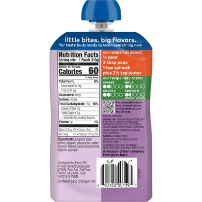 Plum Organics Stage 2 Organic Baby Food - Pear, Spinach, and Pea - 4 oz Pouch - Organic Fruit and Vegetable Baby Food Pouch