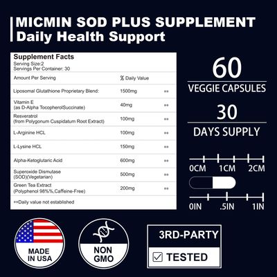 Superoxide Dismutase Supplement 500mg - SOD Plus with liposomal glutathione, AKG, Green Tea Extract, L-Arginine, Lysine, Resveratrol and Vitamin E for Immune Support, Antioxidant 60 Capsules
