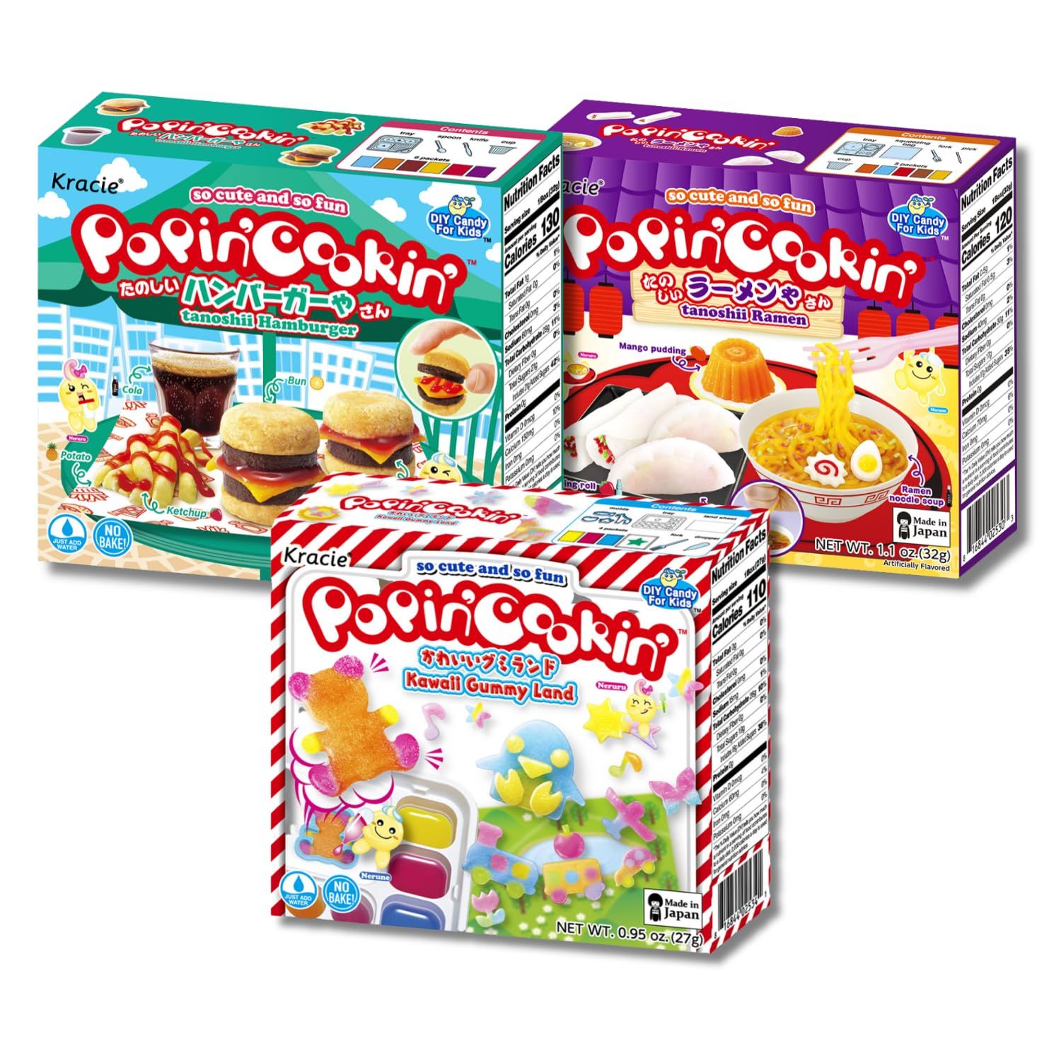 umaya Kracie Popin Cookin&#39; DIY Candy Making Kit for Kids - Tanoshii Hamburger, Gummy Land, Ramen (3 Pack Variety Bundle)